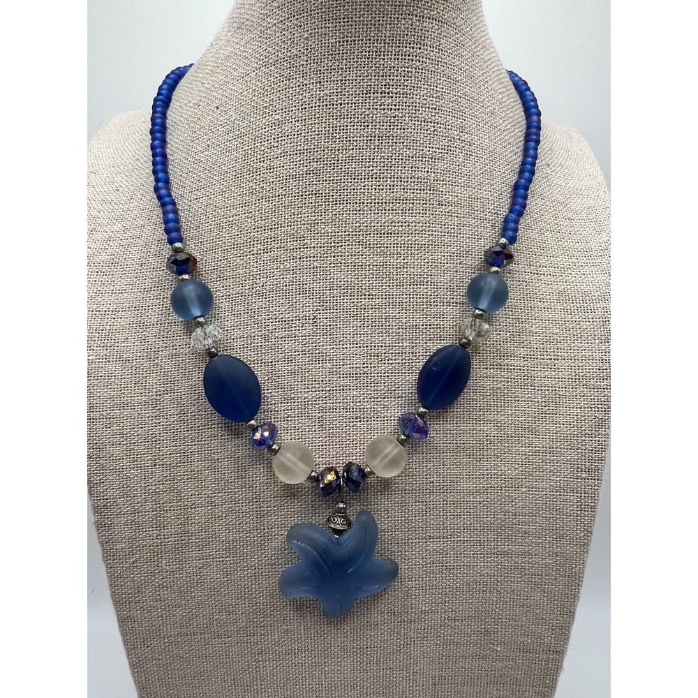 Sea Glass Starfish Pendant Necklace Coastal Boho Mermaidcore Blue Glass 15-18"